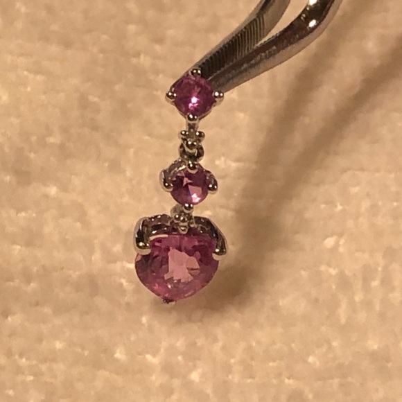 Pink Sapphire Triple Stone Heart Drop Pendant 10K - Picture 7 of 11